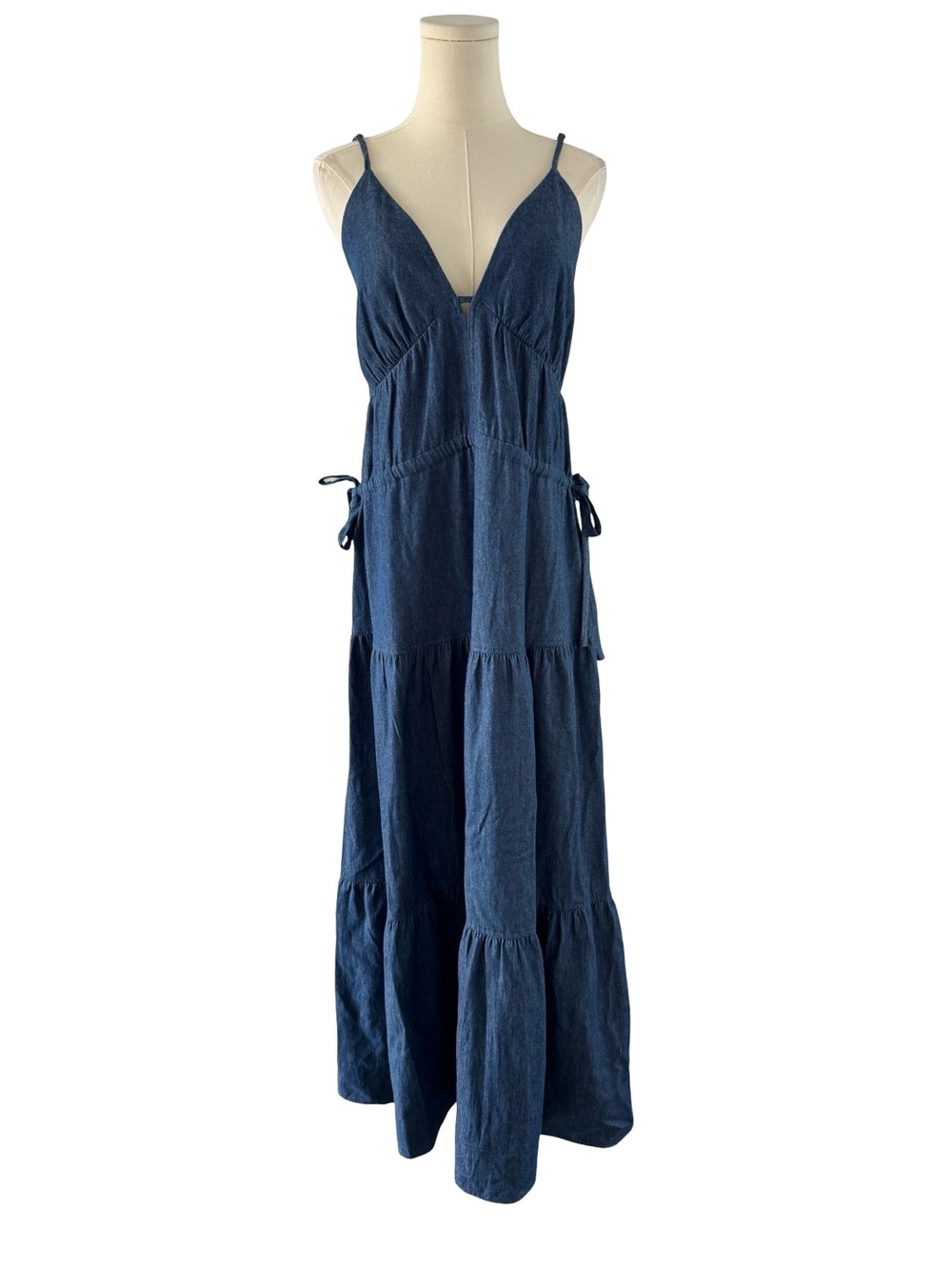 Sleeveless Denim Tiered Maxi Dress with Spaghetti Straps Size Small